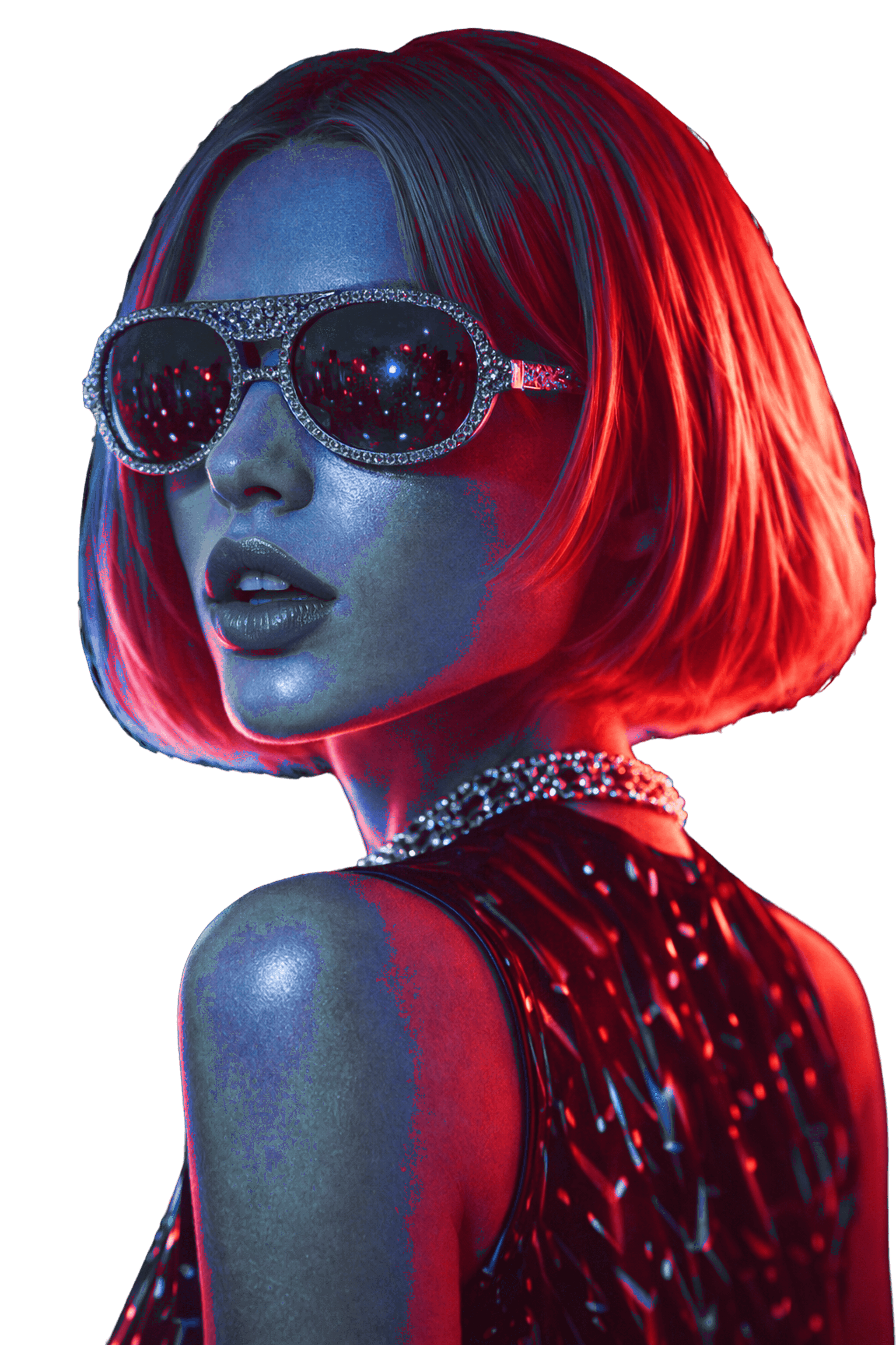 A young women with a short bob hairstyle wearing sunglasses, illuminated by vibrant red and blue lights.