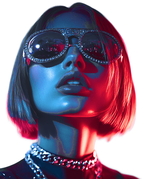 A stylized portrait of a young women with short hair, wearing sunglasses, illuminated by vibrant blue and pink  lights.
